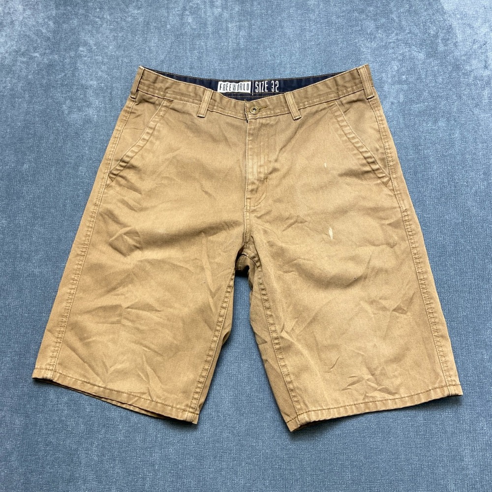 Free World Chino Shorts Mens 32 Brown Flat Front Straight Leg Casual Summer
